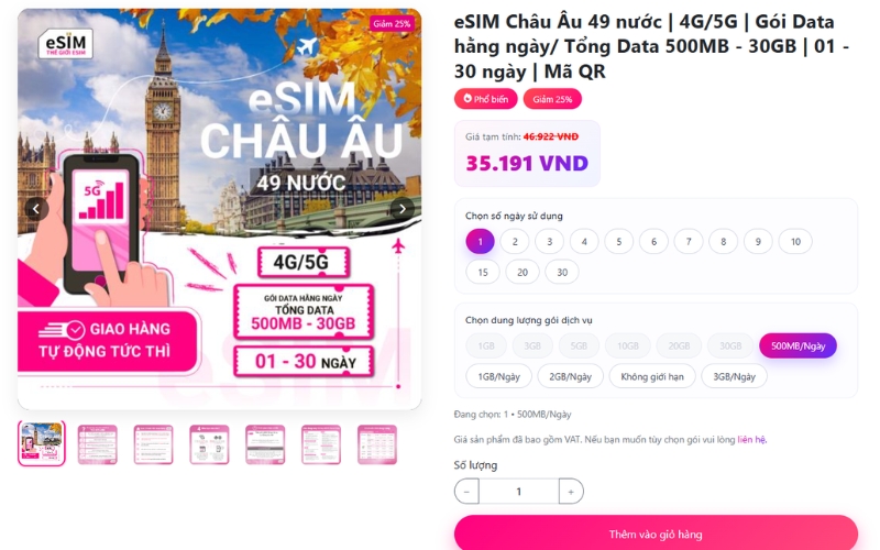 Giá eSIM châu Âu phụ thuộc thời gian sử dụng, dung lượng data và nhu cầu kết nối